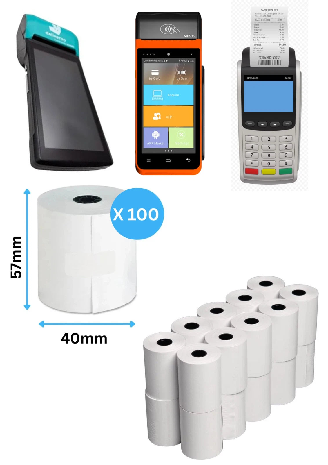Thermal Till Rolls 57x40 (Box Of 100 Rolls) Card Machine Rolls, 65 GSM, BPA FREE