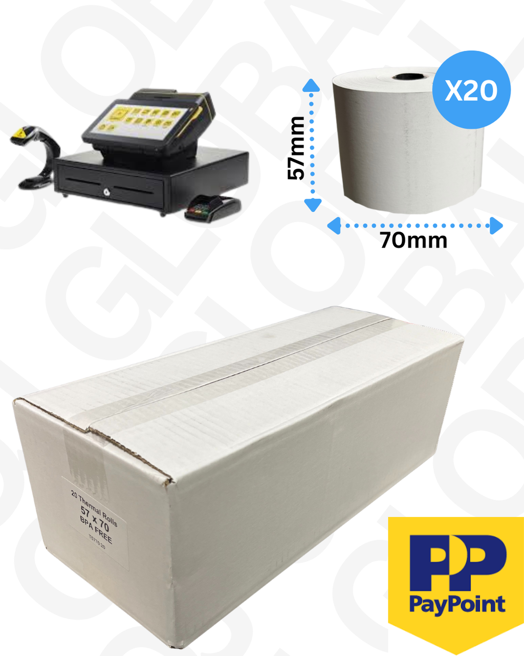 Thermal Till Rolls 57x70 PayPoint Machine, 70 GSM, BPA Free