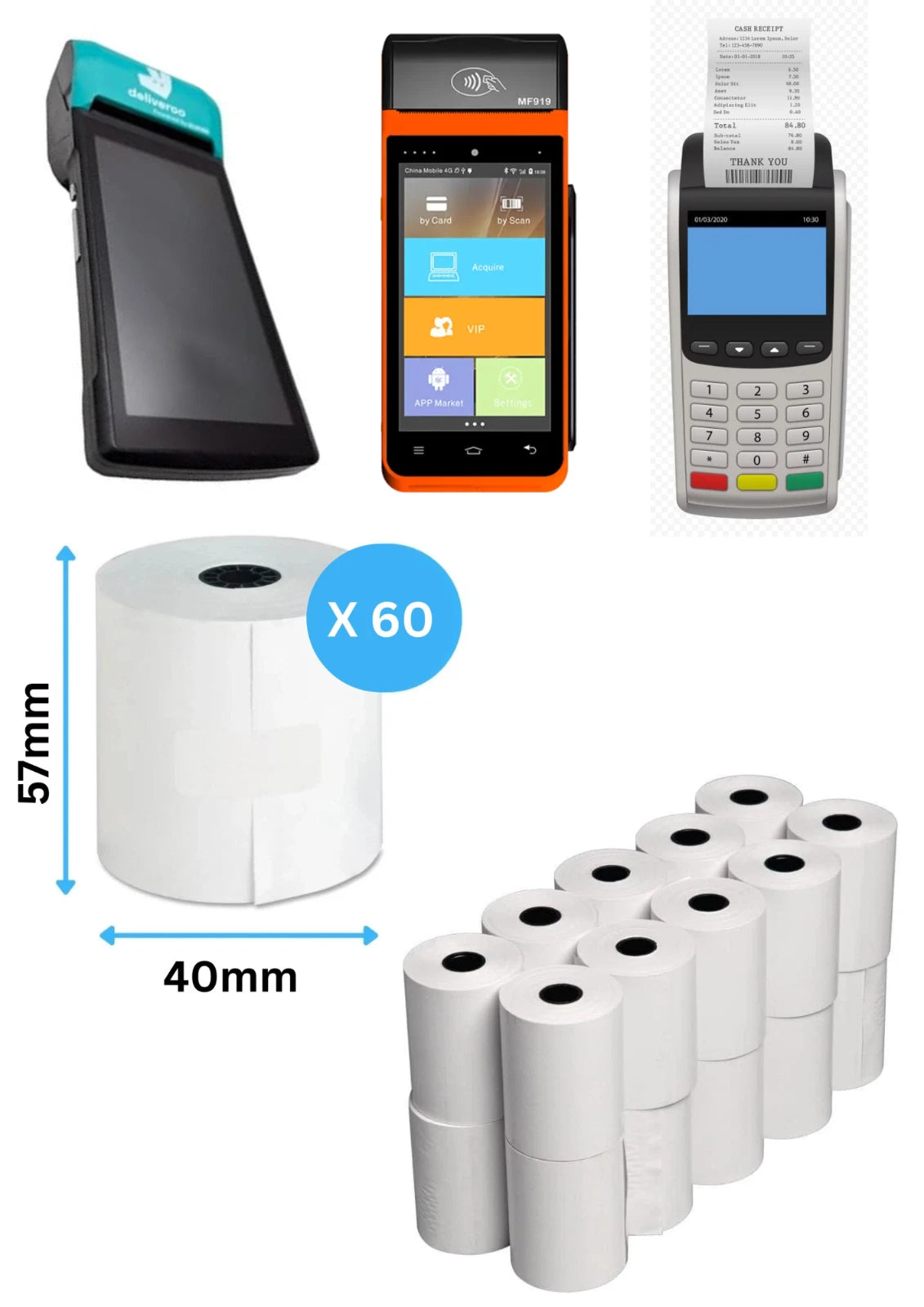 Thermal Till Rolls 57x40 (Box Of 60 Rolls) Card Machine Rolls, 65 GSM, BPA FREE