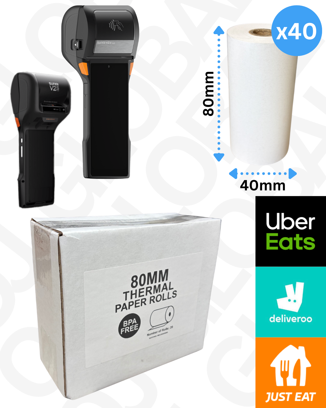 80mm x 40mm Thermal Till Rolls (Box Of 40 Rolls) Just/Uber Eats Rolls 65 GSM, BPA FREE