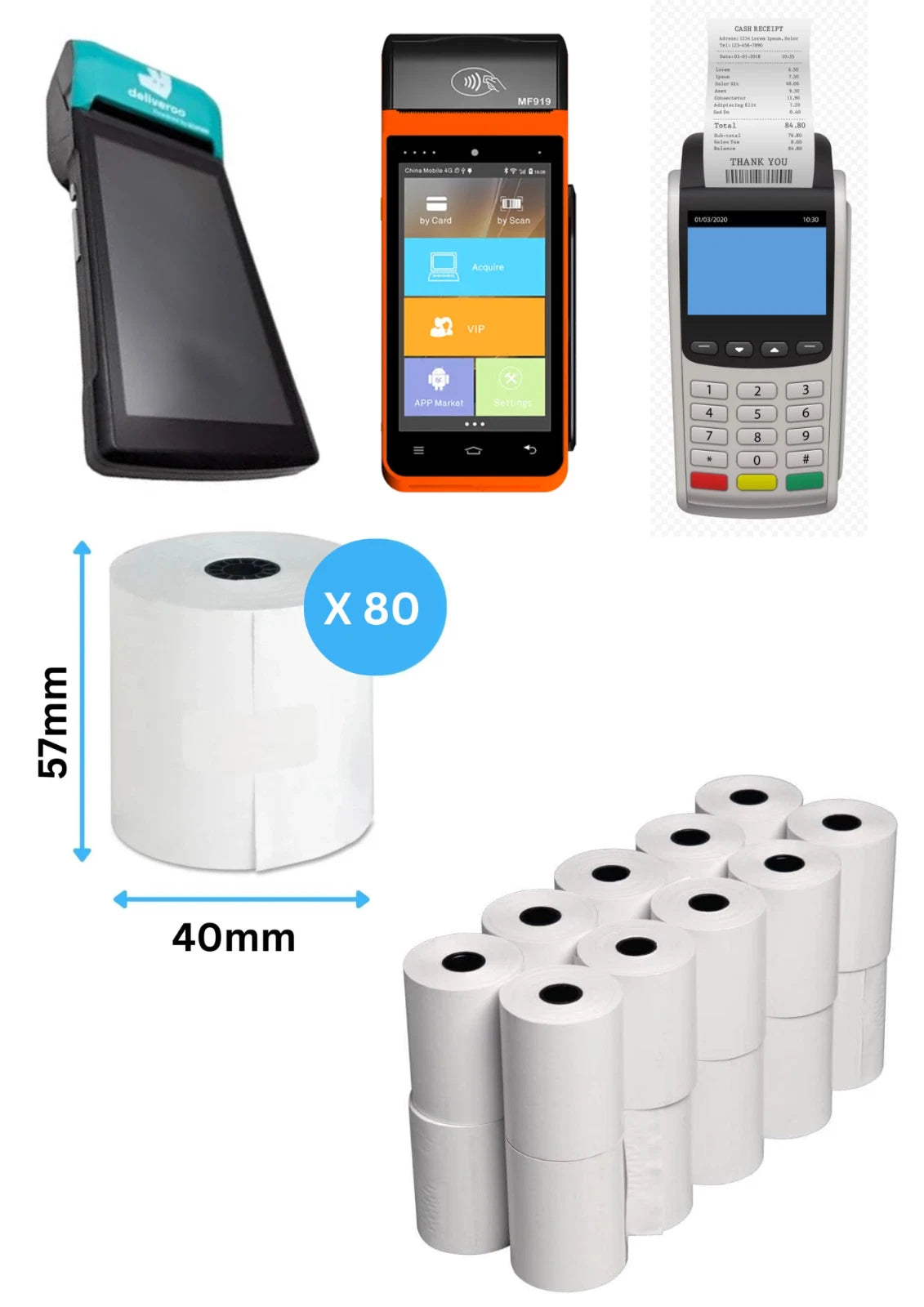 Thermal Till Rolls 57x40 (Box Of 80 Rolls) Card Machine Rolls, 65 GSM, BPA FREE